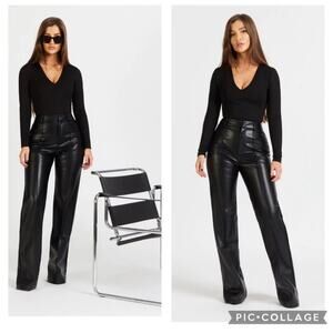 boa. High waisted wide leg faux leather vegan black pant concert date night girl